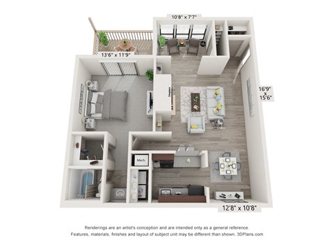 Floor plan for 1 bed, 1 bath, 1005 sqft